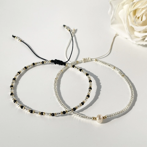 Bracciale Di Perline Minimalista Con Perla Artificial D'acqua Dolce E Perline Di Vetro Spinello Nero Gioielli Regolabili Donna