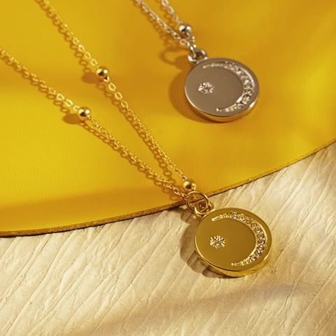 Collar Con Colgante De Estrella Y Luna Acero Inoxidable Diamantes De Imitación Disco Redondo Celestial Para Mujer