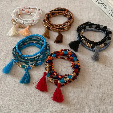 Bohemian Multi Layer Handmade Bracelet With Artificial Crystal Rice Beads And Fringe Tassel Charms Retro Niche Jewelry