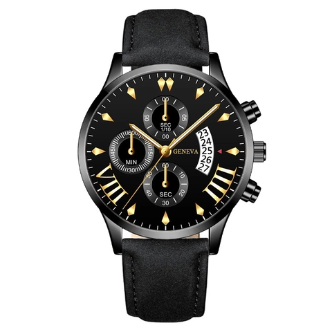 Mens Quartz Watch Leather Strap Alloy Case Fashion Business Casual Wristwatch With Calendar Three Sub Dials For Men