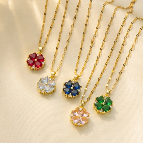 Titaniumstaal Klavertje Hanger Halsketting Voor Dames Elegant Koreaanse Mode Kleurrijke Strass Ingelegd Vergulde Sleutelbeen Ketting Sieraden Cadeau