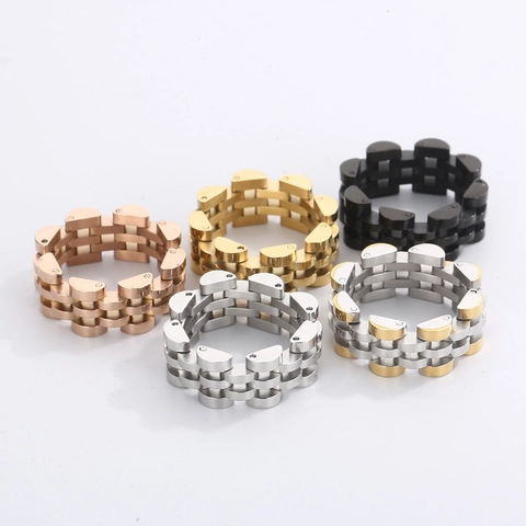 Anillo De Cadena De Correa De Reloj De Acero Inoxidable Hueco En Capas Estilo Industrial Joyería Retro Unisex