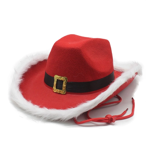 Christmas Cowboy Hat Red Felt With White Faux Fur Trim Gold Buckle Adjustable Chin Strap Party Festive Western Style