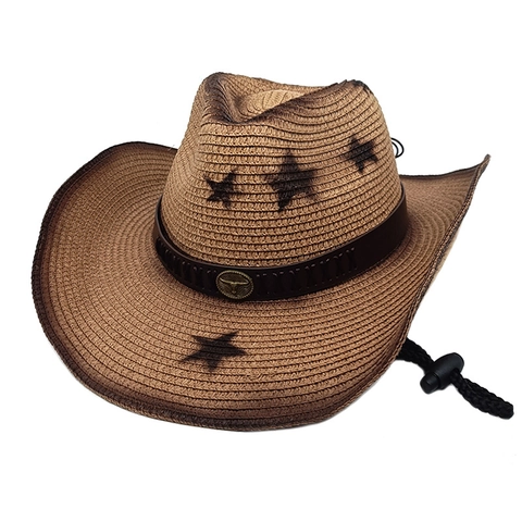 Western Cowboy Straw Hat With Star Print And Bull Head Buckle Retro Wide Brim Beach Sun Protection Hat Adjustable Rope
