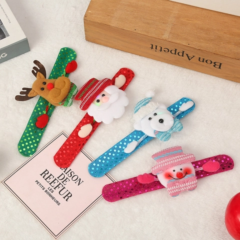 Braccialetti A Scatto LED Di Natale Braccialetti Con Paillette Luminosi Con Peluche Babbo Natale Pupazzo Di Neve Renna Orso Per Bambini