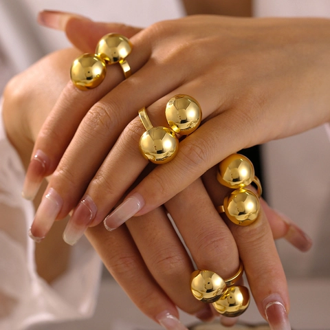 Dikke Open Ring Voor Dames 18K Verguld Koper Dubbele Bol Geometrisch Verstelbare Modieuze Sieraden