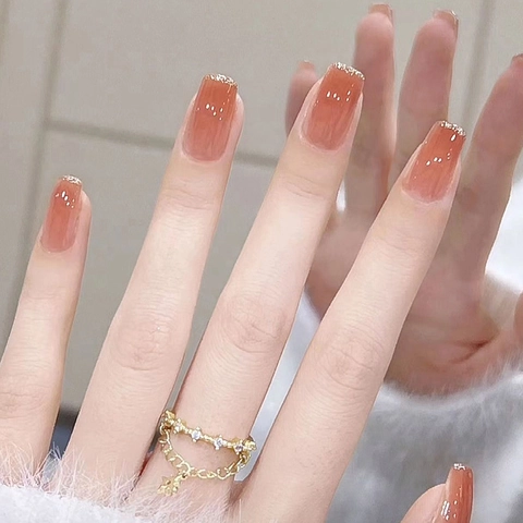 Unghie Finte Press On Glitter Oro Francese Sfumate Caramello Arancione Marrone Quadrate Unghie Artificiali Donna Manicure Elegante