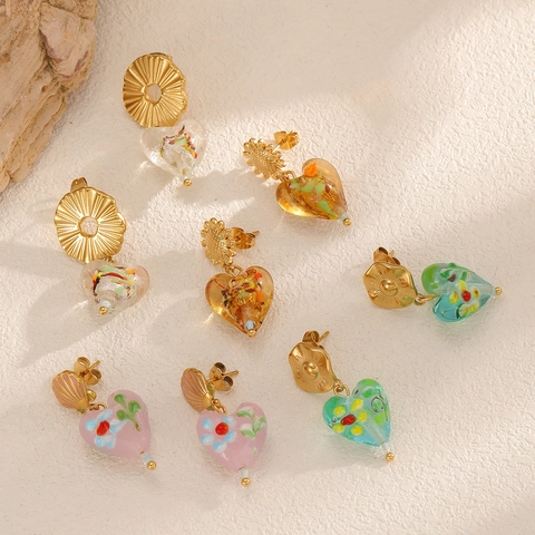 Französische Vintage Herz Tropfenohrringe Lampwork Glas Legierung Bunter Schmuck Für Frauen