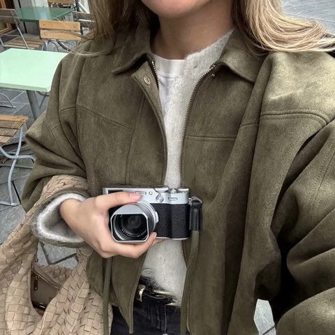 Women Suede Jacket Vintage Lapel Zipper Up Loose Fit Long Sleeve Casual Streetwear Outerwear Fashion Solid Color