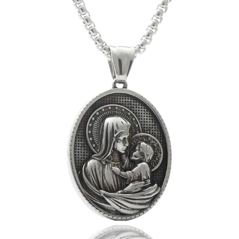 Collier Pendentif Religieux Rétro Acier Inoxydable Relief Ovale Vierge Marie Jésus Saints Style Punk