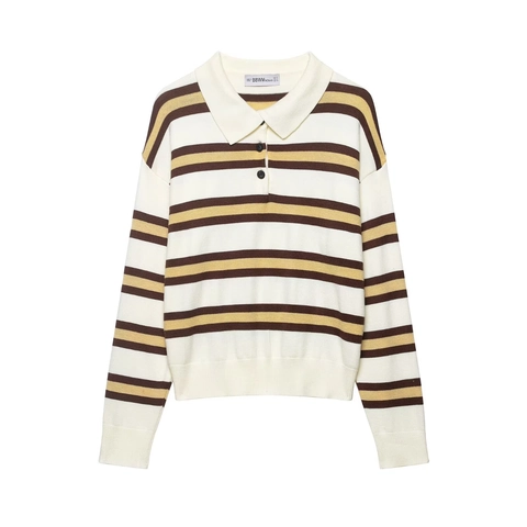 Suéter Polo De Punto A Rayas Para Mujer Top De Manga Larga Estilo Preppy Casual De Poliéster Tejido