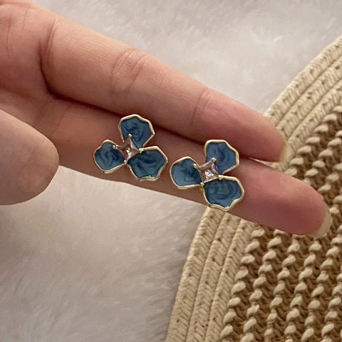 Flower Stud Earrings Stainless Steel Enamel Petal Floral Design Cubic Zirconia Elegant Vintage Jewelry For Women