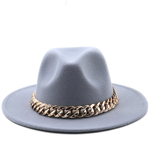 Fedora Hat Woolen Felt Gold Metal Chain Wide Brim Vintage Jazz Style For Women Men Accessory