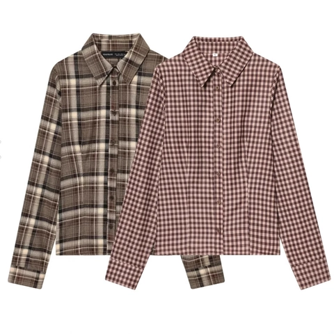 Camicia A Quadri Da Donna Maniche Lunghe Chiusura Con Bottoni Poliestere Casual Slim Fit Vintage Camicetta