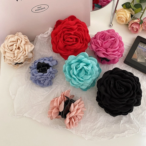 Eleganter Stoff Rose Blume Haarkralle Große Hai Haarnadel Französisch Stil Handgemachte Florale Kopfbedeckung Für Frauen