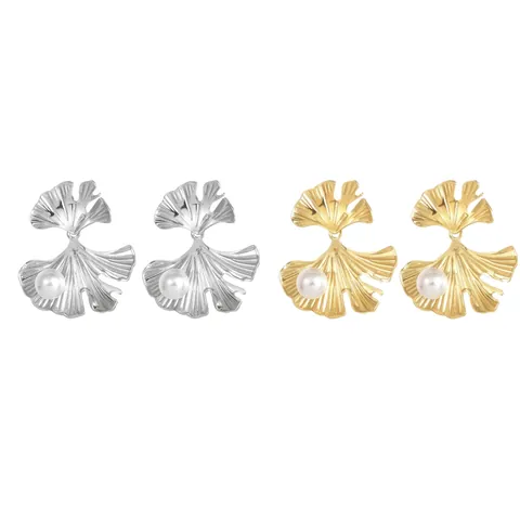 Pendientes De Botón Hoja De Ginkgo Acero Inoxidable Con Perla Artificial Blanca Vintage Francés Elegante Joyería Mujer