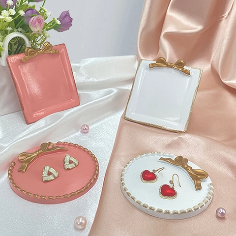 Bandeja de Resina Vintage para Joyas con Lazo Dorado Plato Decorativo Portaanillos para Pendientes Collares Hogar