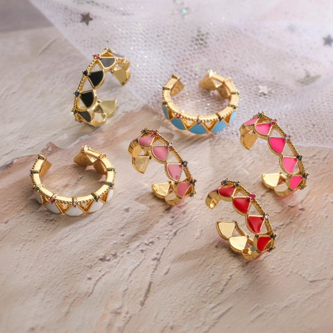 Vintage Elegant Copper Scallop Open Ring For Women Colorful Rhinestone Enamel Shell Finger Ring INS Style Commuter Jewelry Accessory
