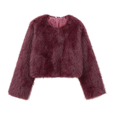 Giacca Corta in Pelliccia Sintetica da Donna Invernale Calda Tinta Unita Girocollo Manica Lunga Cappotto Corto Streetwear