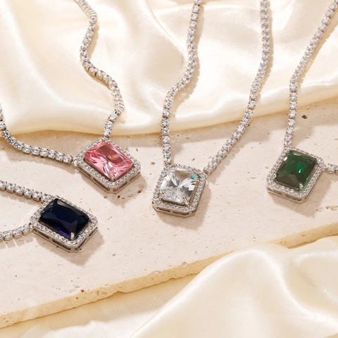 Lussuosa Collana Con Ciondolo in Zirconia Rettangolare Per Donna Rame Galvanico Catena Tennis Geometrica Gioielli Vintage Regalo