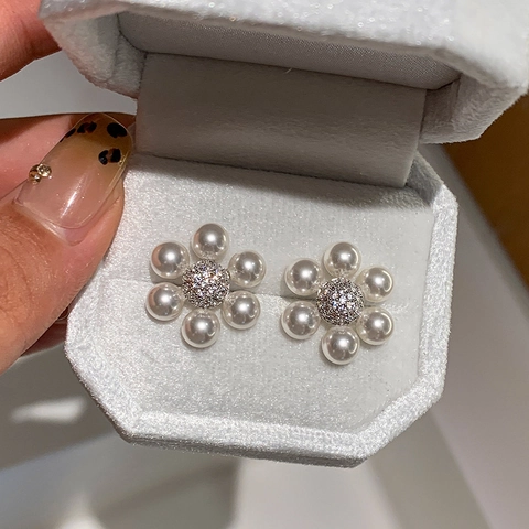 Pendientes De Botón De Flor De Perla Artificial Con Poste De Pendiente De Plata De Ley 925 Incrustaciones De Circón Joyería De Moda Elegante Para Mujer