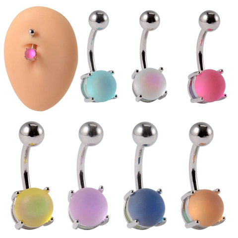 Fashion Belly Button Ring Stainless Steel Frosted Resin Ball Curved Barbell Piercing Jewelry Candy Color For Women