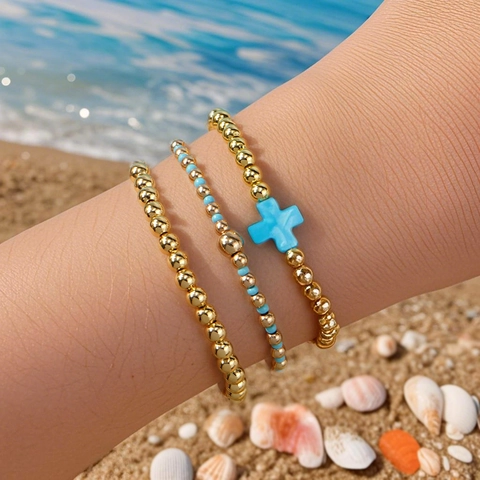 Gstapelte Perlenarmbänder Für Damen Mit Legierung Goldperlen Und Synthetischem Stein Kreuzanhänger Elastischer Boho Strand Schmuck