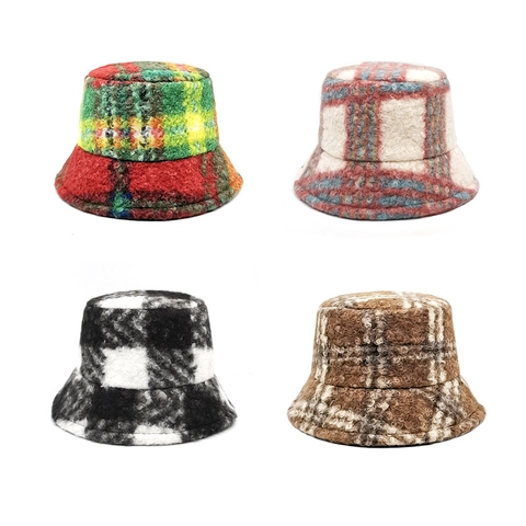 Plaid Bucket Hat Thickened Faux Lamb Wool Warm Winter Retro Checkered Plush Outdoor Streetwear For Women