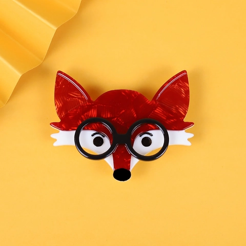 Spilla a Forma di Testa di Volpe Rossa in Acrilico Fatta a Mano Occhiali Tondi Neri Spilla da Bavero Animale Cartone Animato Gioielli