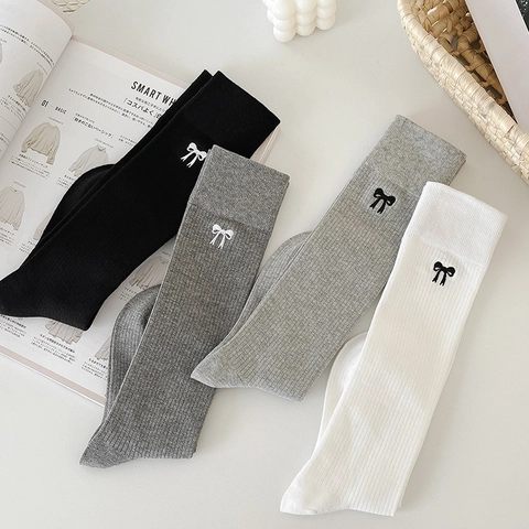 Chaussettes Hautes En Coton Côtelé Noeud Brodé Style Preppy JK Femme Couleur Unie Respirant Souple