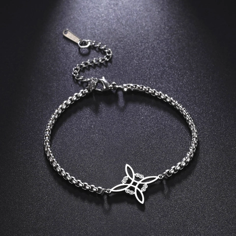 Stainless Steel Witch Knot Bracelet For Women Celtic Knot Hollow Geometric Pendant Box Chain Adjustable Fashion Hand Jewelry