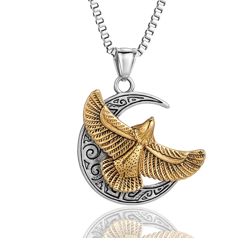 Collar Con Colgante De Águila Y Luna Creciente Acero De Titanio Retro Gótico Vikingo Joyería Para Hombre