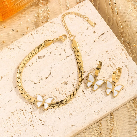 Elegante Farfalla Oro Acciaio Inossidabile Conchiglia Bianca Collana Bracciale Orecchini Per Donna Impermeabile Gioielli