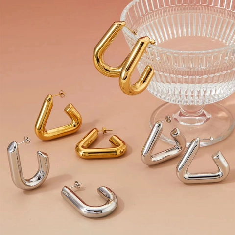 Chunky Triangle And U-Shaped Geometric Hoop Earrings For Women Stainless Steel High Polish Minimalist Hollow Jewelry