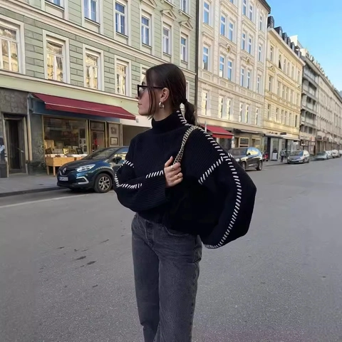 Suéter De Punto Con Cuello Vuelto Holgado Para Mujer Costuras En Contraste Estilo Relajado Manga Larga
