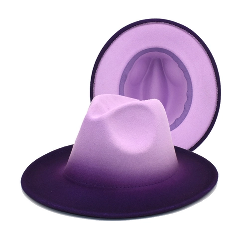 Gradient Color Fedora Hat Wide Brim Polyester Felt Jazz Hat Sun Protection Outdoor Fashion Unisex