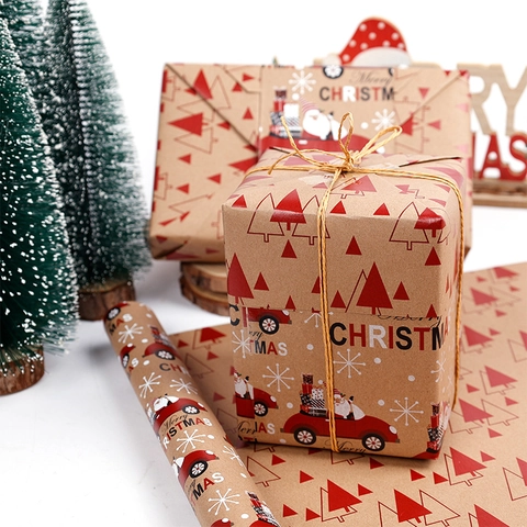 Christmas Gift Wrapping Paper Roll Kraft Paper Double Sided Printed Holiday Party Decorative Santa Snowflake Tree Pattern