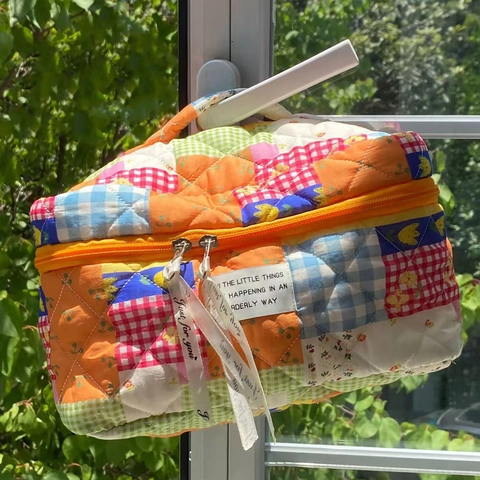 Καπιτονέ Τσαντάκι Μακιγιάζ Patchwork Βαμβακερό Φλοράλ Καρό Νεσεσέρ Ταξιδιού Με Λαβή