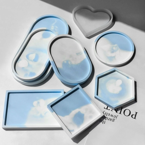 Stampo In Silicone DIY Resina Sottobicchiere Vassoio Portagioie Gesso Artigianato Forma Multipla Rotondo Esagono Ovale
