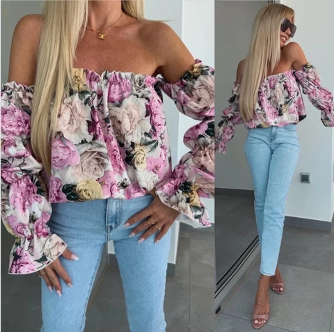 Women Off The Shoulder Floral Print Blouse Long Puff Sleeve Ruffle Top Casual Vacation Flower Shirt Streetwear Clothing