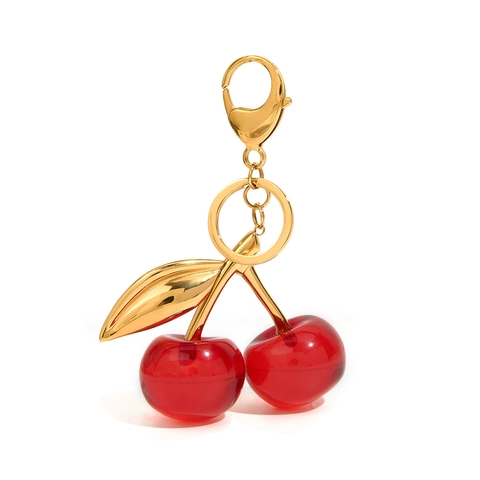 Vintage 18K Vergoldet Edelstahl Kirsche Taschenanhänger Für Damen Luxus Rote Frucht Metall Blatt Schlüsselanhänger Schmuck