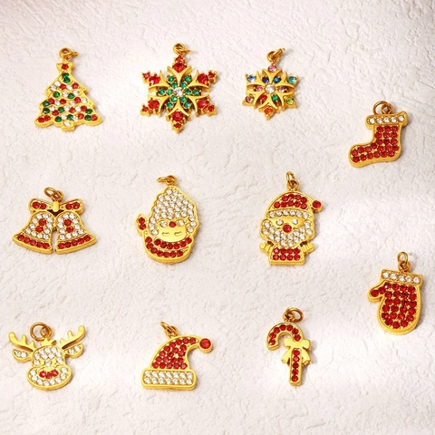 Pendentif Noël Acier Inoxydable Collier DIY Zircon Père Noël Flocon Neige Renne Arbre Cloche Bijoux Festifs Plaqués Or