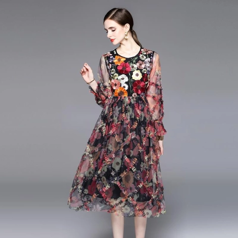 Elegantes Damen Midi Kleid Aus Netzstoff Mit Langen Laternenärmeln Und Bunten Dimensionalen Blumenstickereien Vintage Stil