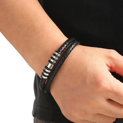 Men's Double Layer Braided Leather Bracelet With Stainless Steel Zinc Alloy Magnetic Clasp Punk Style Hardcore Jewelry