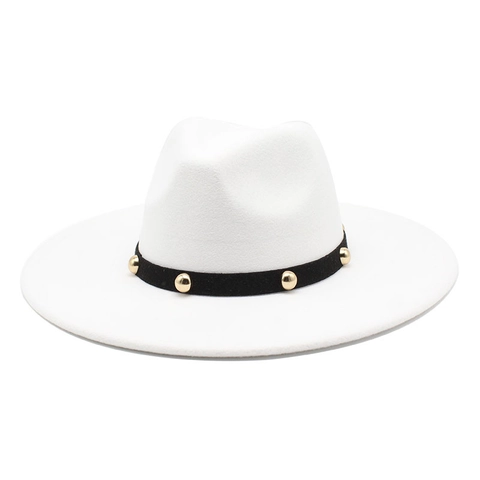 Retro Wool Felt Fedora Hat Wide Brim Jazz Hat With Gold Rivet Belt Decor Outdoor Travel Vintage Style For Women
