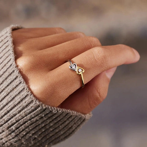 925 Sterling Silver Interlocking Double Heart Ring Two Tone Zircon Inlaid Adjustable Fashion Jewelry For Women