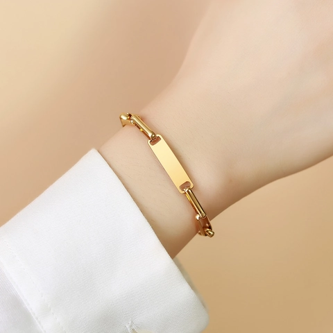 Polished ID Bracelet Stainless Steel Gold Plated Rectangular Bar Adjustable Chain Geometric Minimalist Jewelry For Women