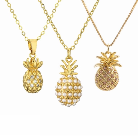 Pineapple Pendant Necklace Copper Gold Plated With Zircon And Faux Artificial Pearl Fruit Shape Retro Jewelry For Women