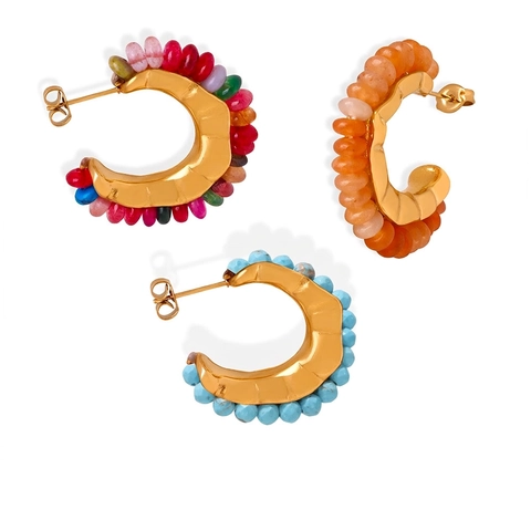 Bohemian Titanium Steel C-Shaped Hoop Earrings For Women Inlaid Natural Turquoise Yellow Agate Colorful Stones Minimalist Fashion Jewelry