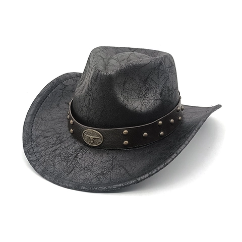 Western Cowboyhoed Retro Faux Suède Brede Rand Met Bull Head Badge Klinknagel Leren Riem Vintage Jazz Zonnehoed Heren Dames